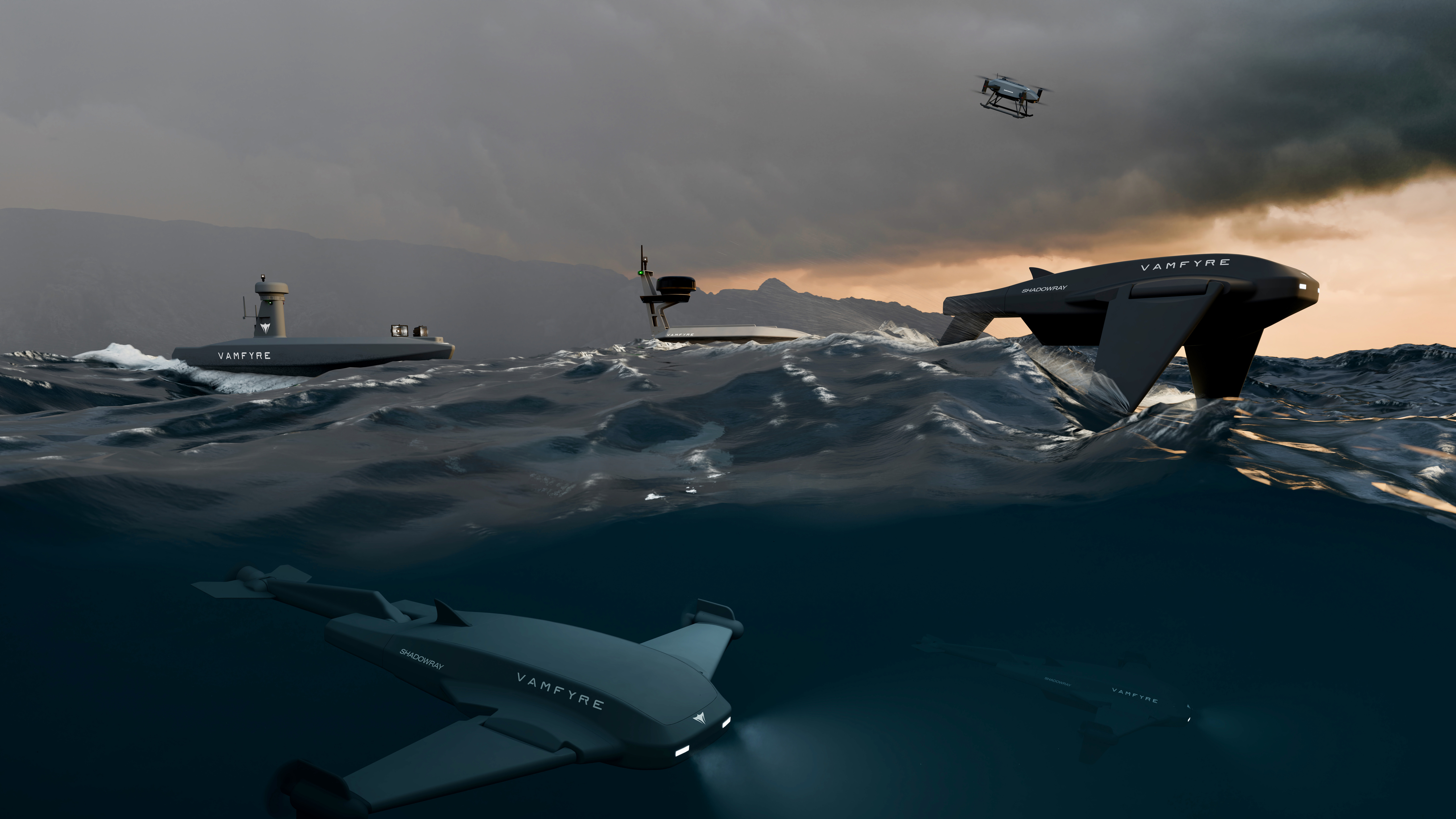 Render of Vamfyre surface, subsurface and aerial platforms at sea