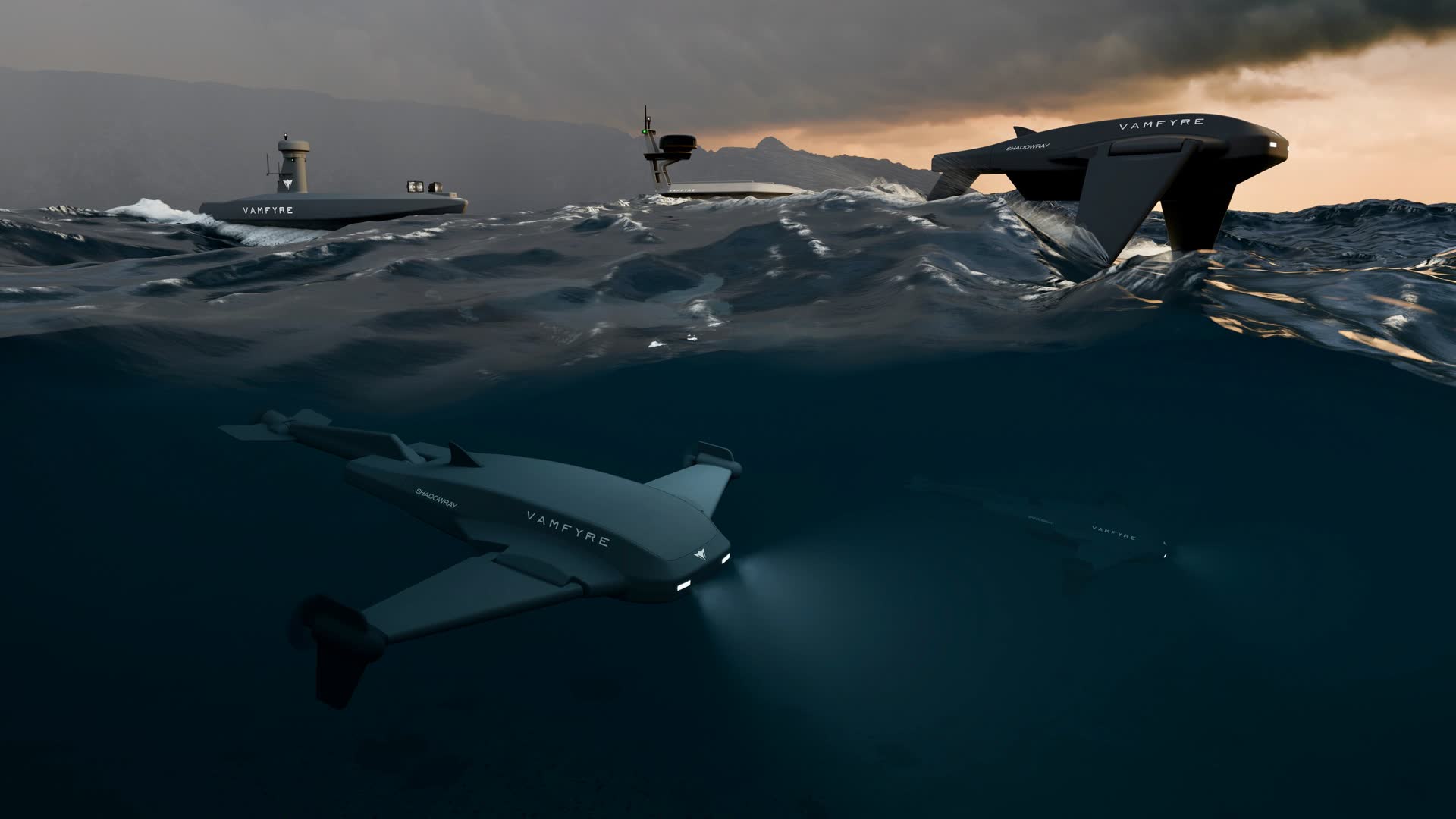 ShadowDart, ShadowHawk, and ShadowRay at sea, with a second ShadowRay submerged below